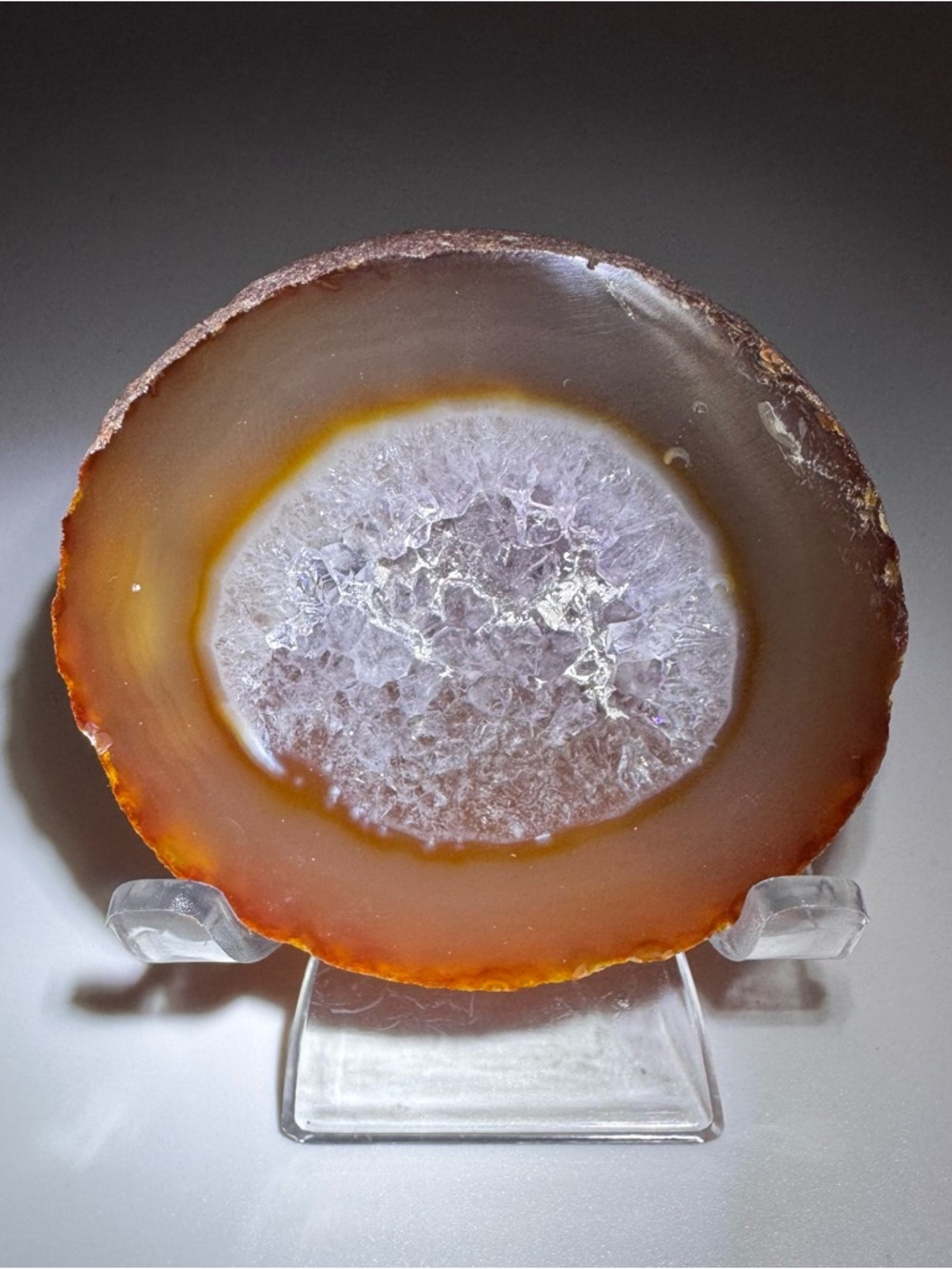 Carnelian Agate Geode Slice Druzy Crystal Orange Display With Stand